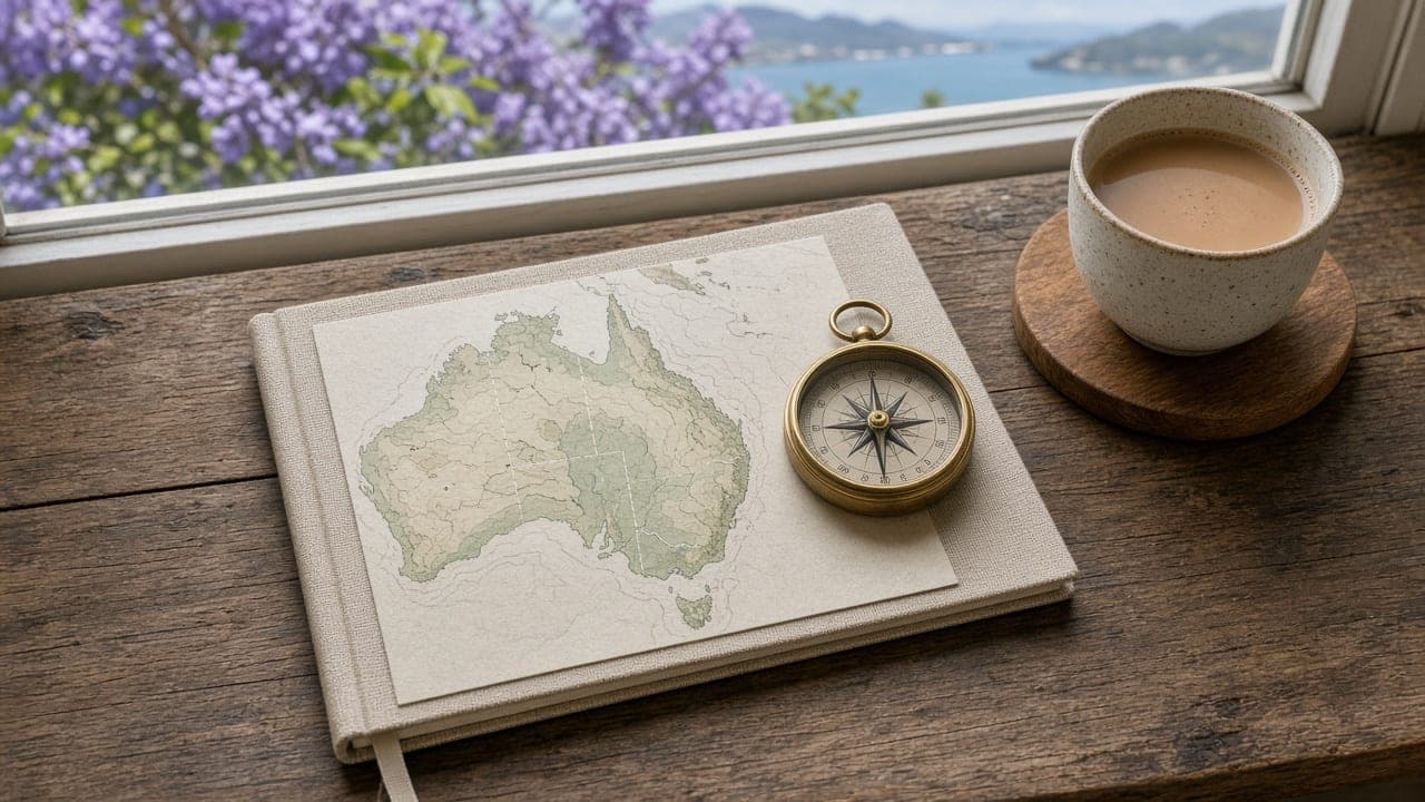 Notebook and map on a timber table
